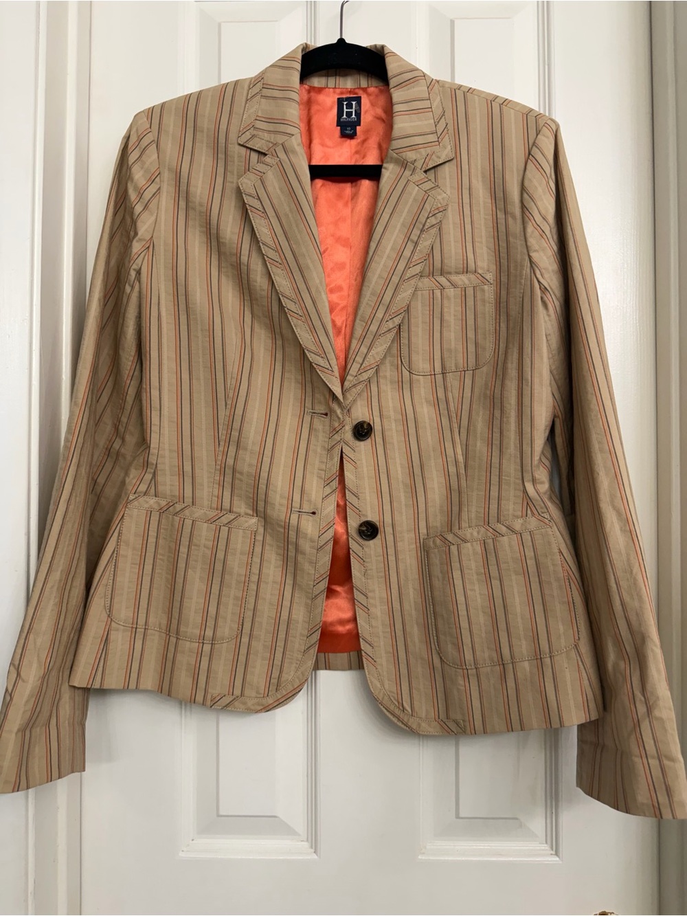 7109 Tommy Hilfiger Women 10 Beige Striped 2-Button Lined Blazer 100% Cotton